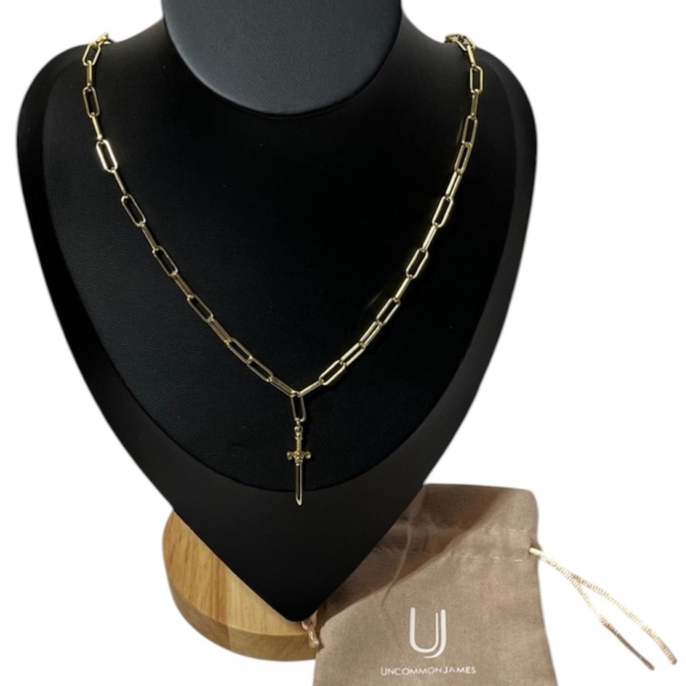 UNCOMMON JAMES Gold Linked Up Chain Necklace. Sword Pendant.